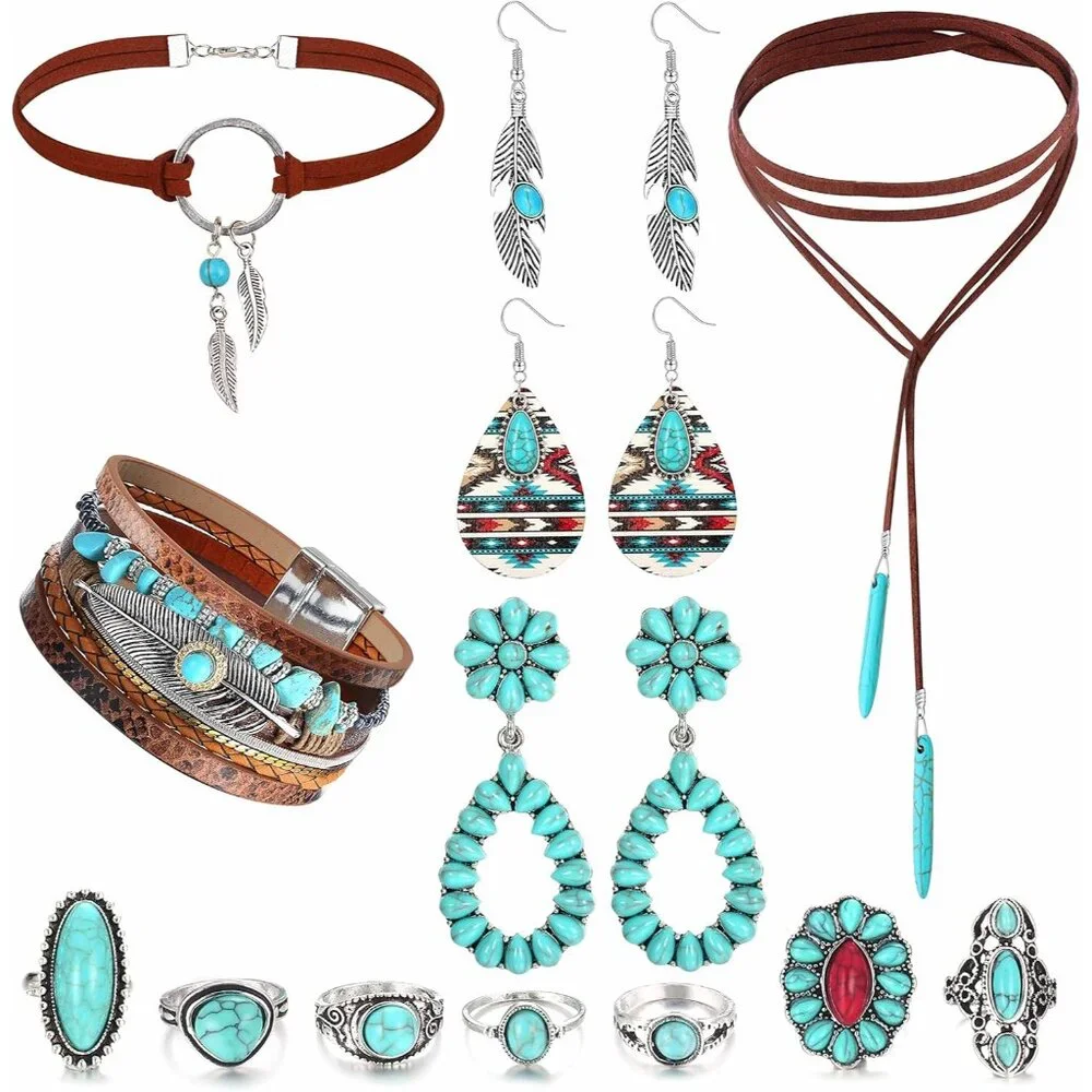 Western Bohemian Jewelry Set for Women - Turquoise Faux Leather Cuff Bracelet, P